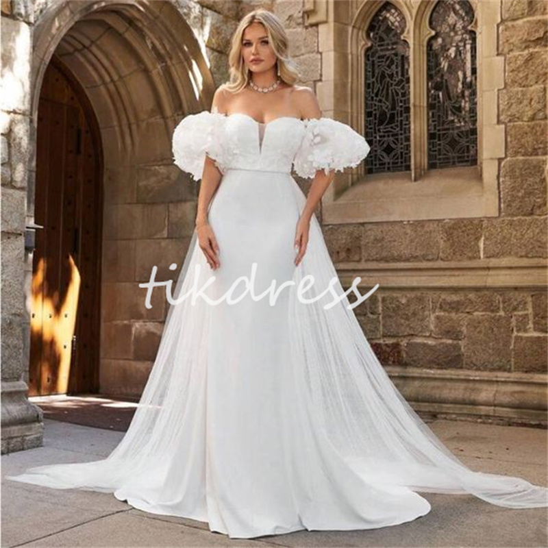 Charming Off Shoulders Mermaid Wedding Dresses With Overskirt Train Puff Sleeve Boho Bridal Dress 2024 Elegant Bohemian Bride Dress Celtic Country Ves