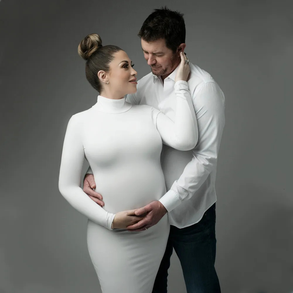 High Neck Stretchy Baby Shower Long Dresses Full Sleeve Skinny Maternity Pography Prop Dress 240513
