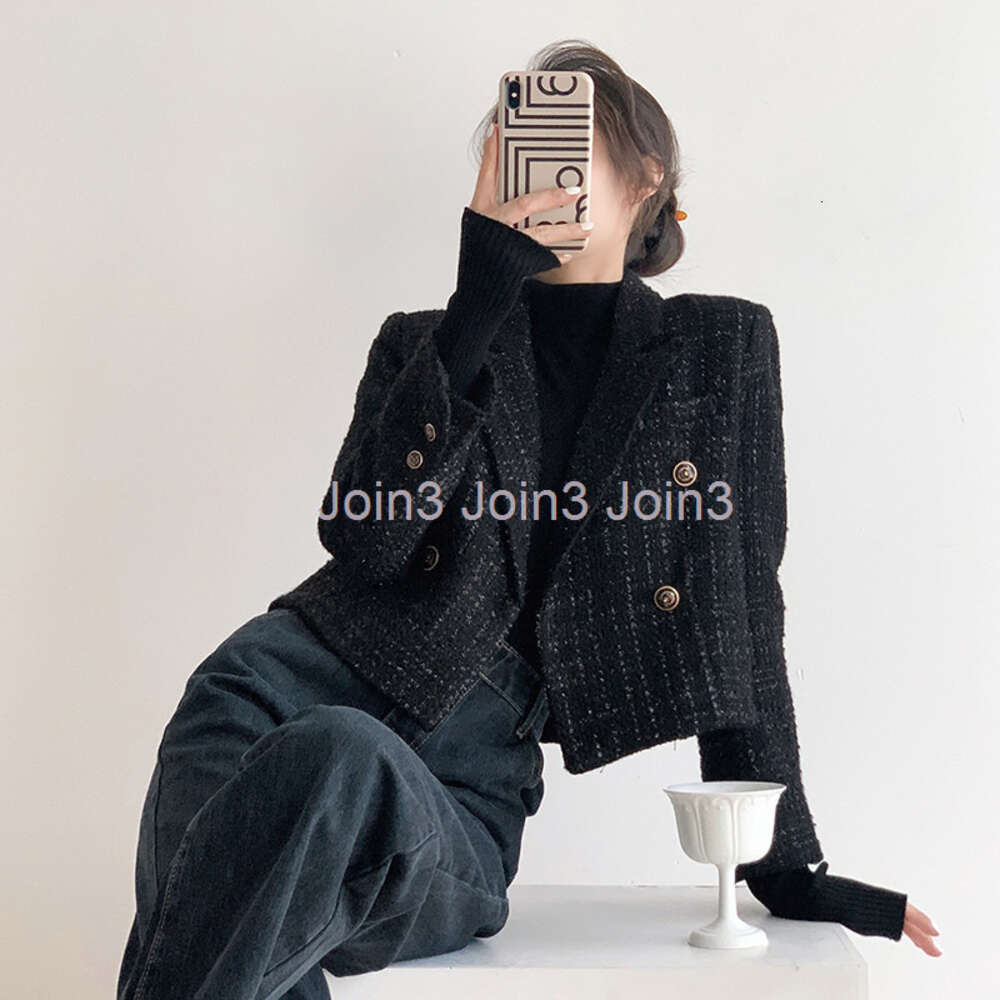 Womens autumn turn down collar black long sleeve tweed woolen blazer jacket coat XSSMLXL