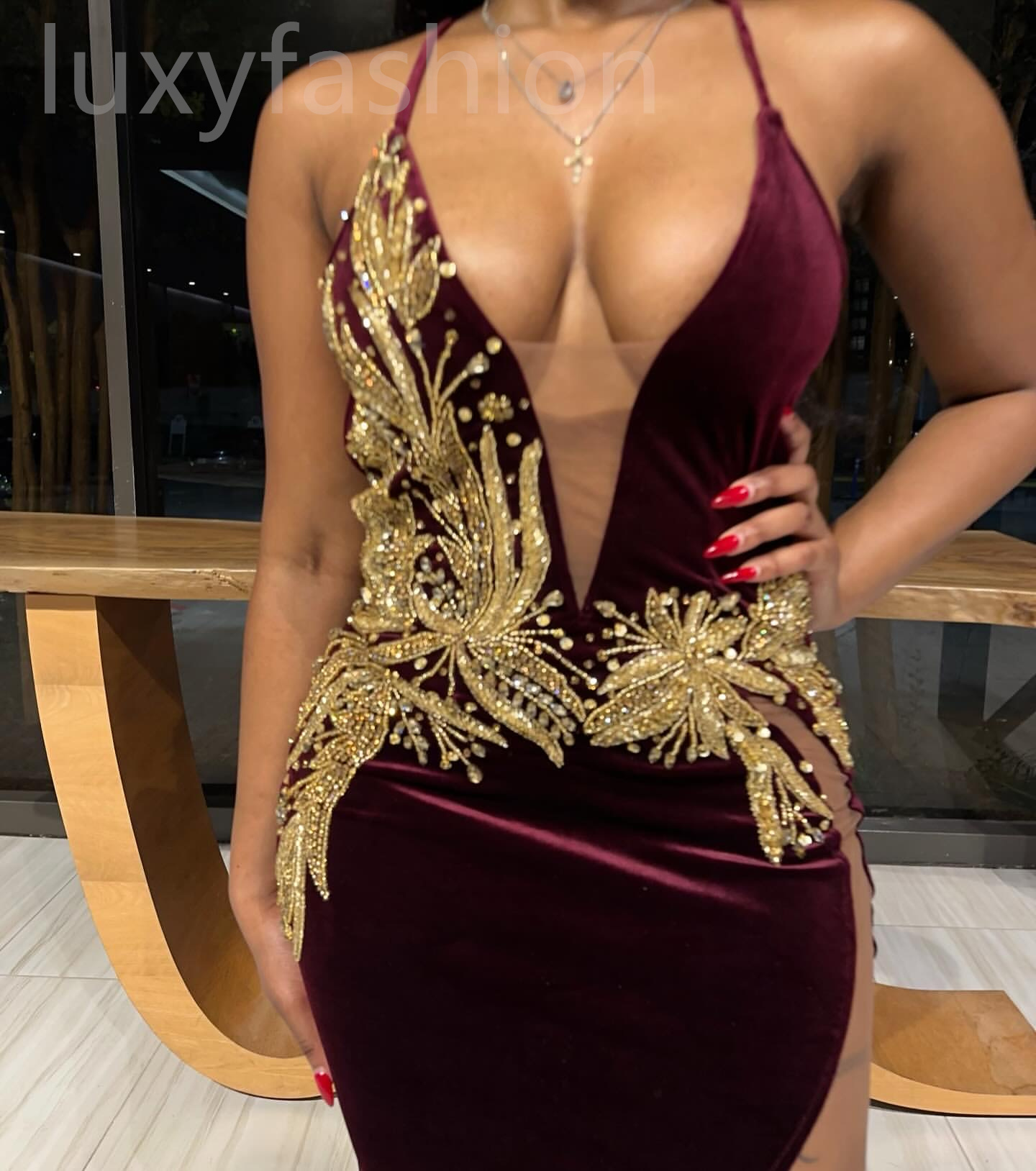 Aso Ebi 2024 Burgundy Lace Mermaid Prom Dresses Beaded Backless Velvet Evening Party Formal Second Reception Birthday Enagement PromDress Gowns LF046
