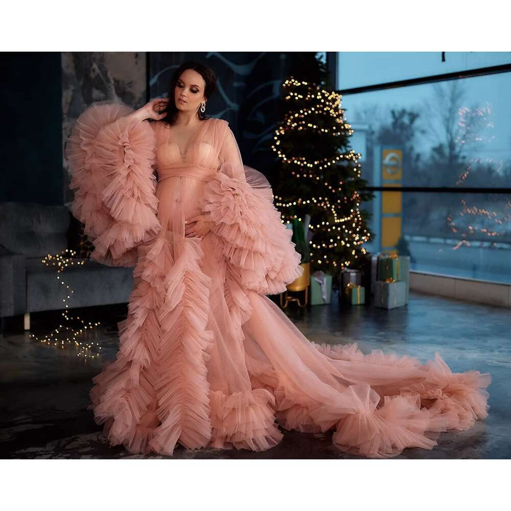 Ruffles Tulle Robe for Women Maternity Photoshoot Dress Puffy Pregnancy Dressing Gown prom AMZ