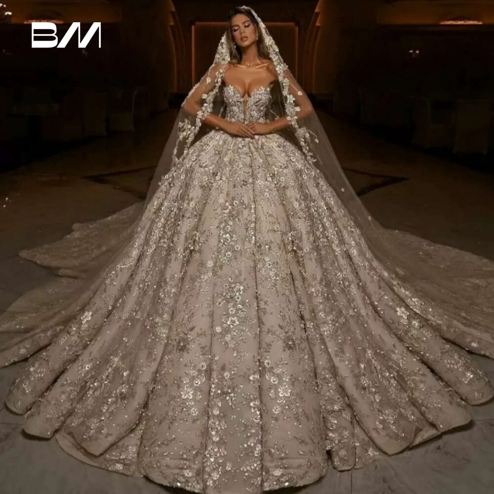 Exquisite or-length Wedding Dress Shiny Deep V-neck Bridal Gown Sleeveless Bride Dresses Vestido De Novia