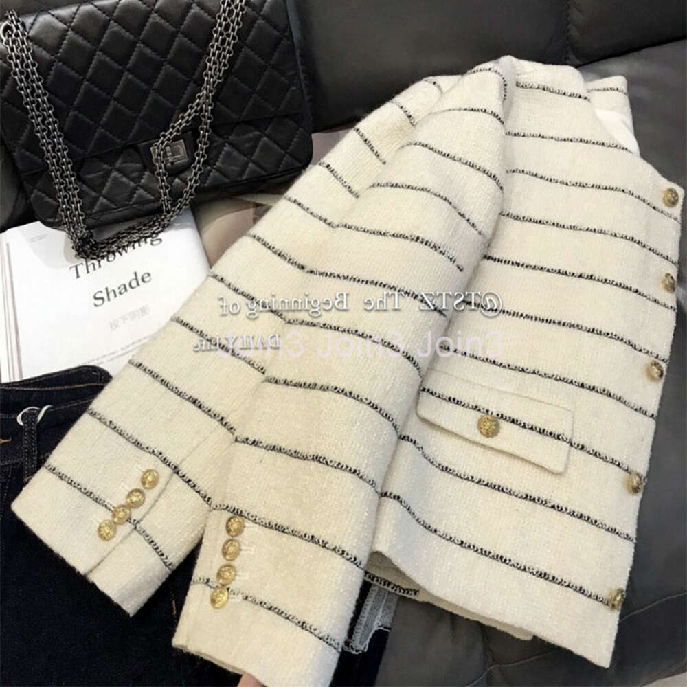 New fashion womens o-neck long sleeve stripe pattern tweed woolen jackets coat SMLXL