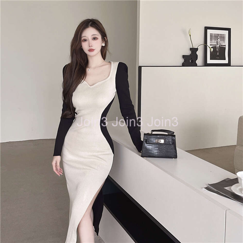 Womens v-neck long sleeeve color block knitted dress bodycon tunic side vent jag midi long vestidos SML