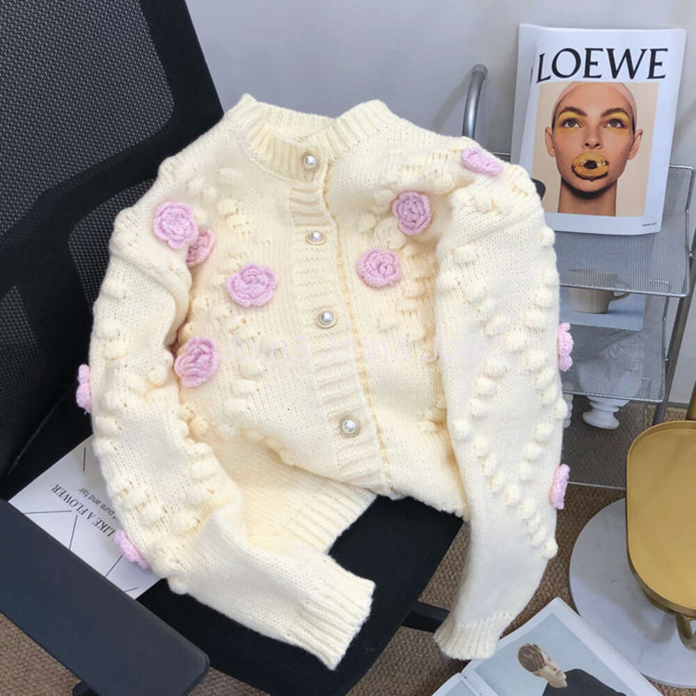 Womens o-neck single breasted sweater 3D flower crochet knitted cardigan