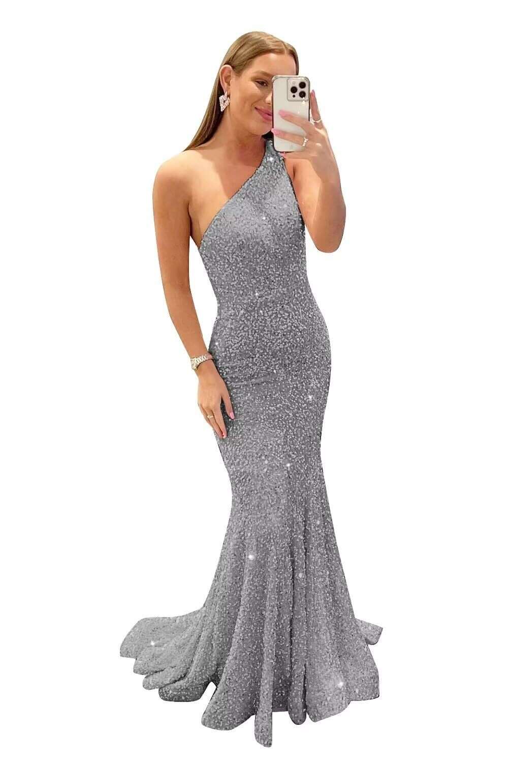 One Shoulder Sequin Prom Dresses Long Mermaid Formal Evening Gowns Sparkly Party Dress Sier Size 8 prom AMZ