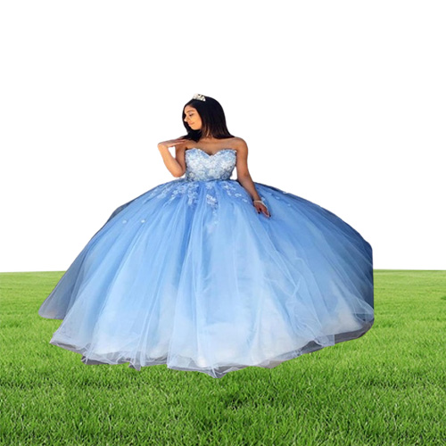 Abendkleider Sweet 16 Prom Dresses Sweetheart 3DApplique Sky Blue Tulle Quinceanera Dresses Long Party Formal Gowns