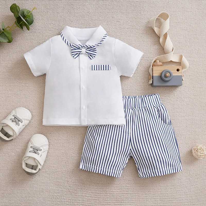 Clothing Sets Newborn Baby Boys Set Casual Fashion Vertical Gentleman Bow Comfortable Cotton White Short Sleeve Set Summer Baby Two Piece Set