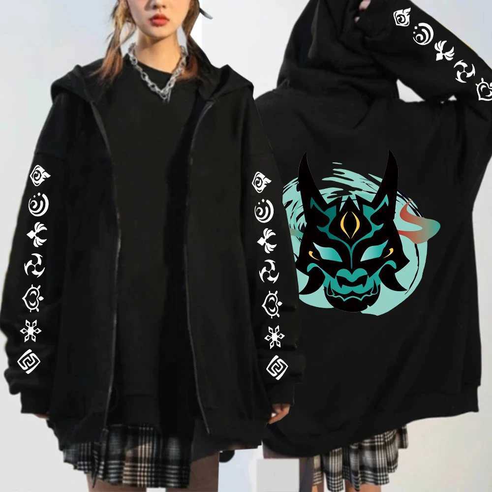 Men's Hoodies Sweatshirts Genshin Impact Xiao Mask Fangs Anime Print Zipper Hoodies Men Women Harajuku Fashion Long Slve Plus Size Zipper Jacket 