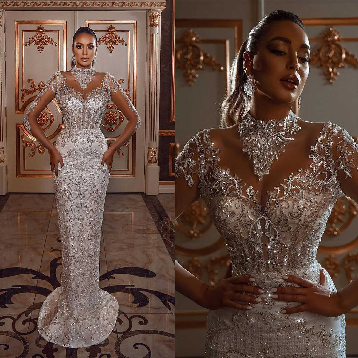 Luxury Mermaid Wedding Dresses High-neck Beads Sequins Lace Appliques Illusion Sleeves Sweep Train Backless Custom Made Plus Size Bridal Gown Vestidos