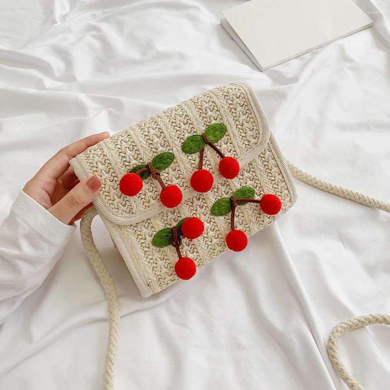 Totes Summer Straw Handmade Messenger Bags Women Woven Cute Cherry Shoulder Handbag Flap Beach Mini Square Crossbody zhanyishengli