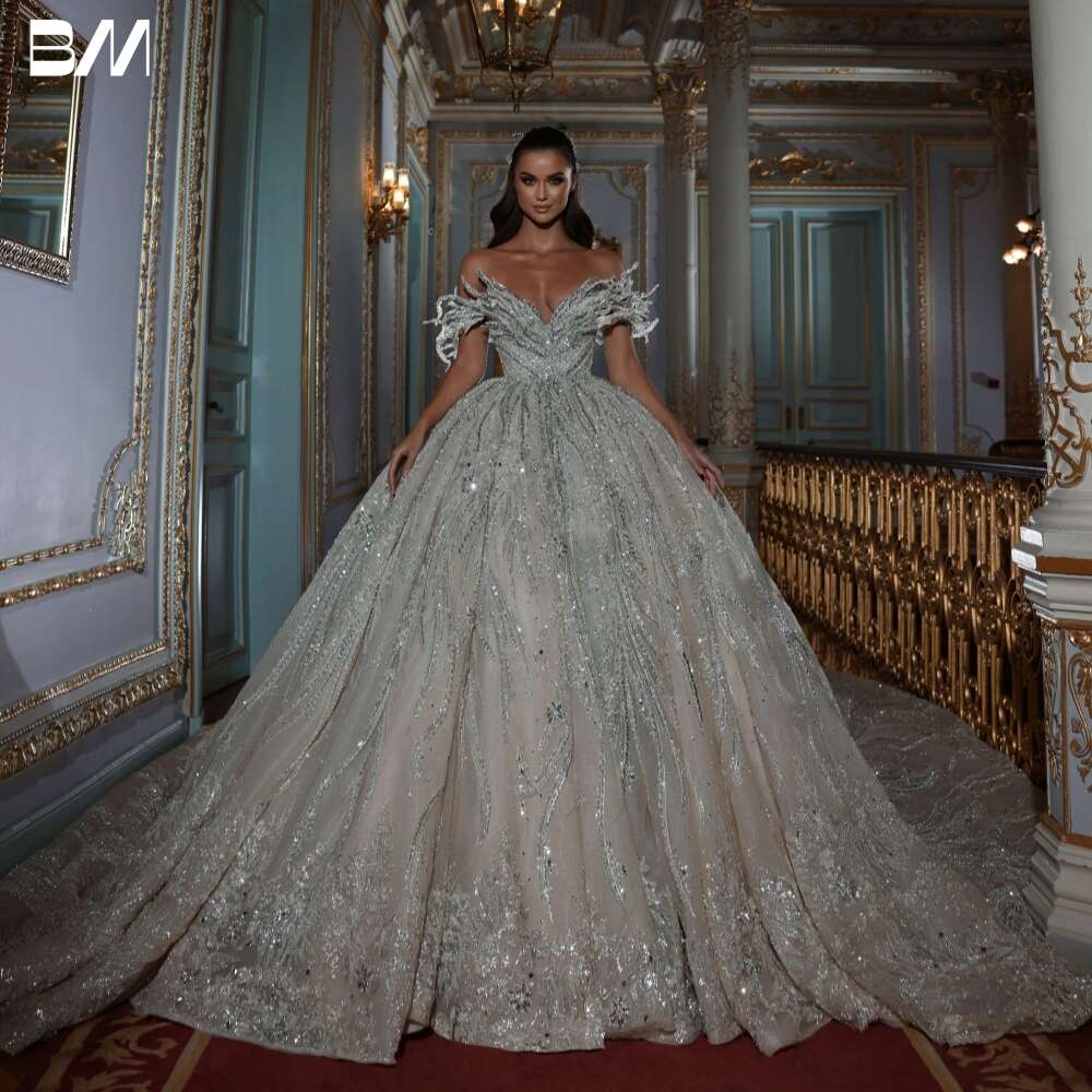 Elegant V-neck Wedding Exquisite Beaded Crystals Bridal Gown Shiny or-length Bride Dresses Vestidos De Novia