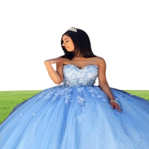Abendkleider Sweet 16 Prom Dresses Sweetheart 3DApplique Sky Blue Tulle Quinceanera Dresses Long Party Formal Gowns