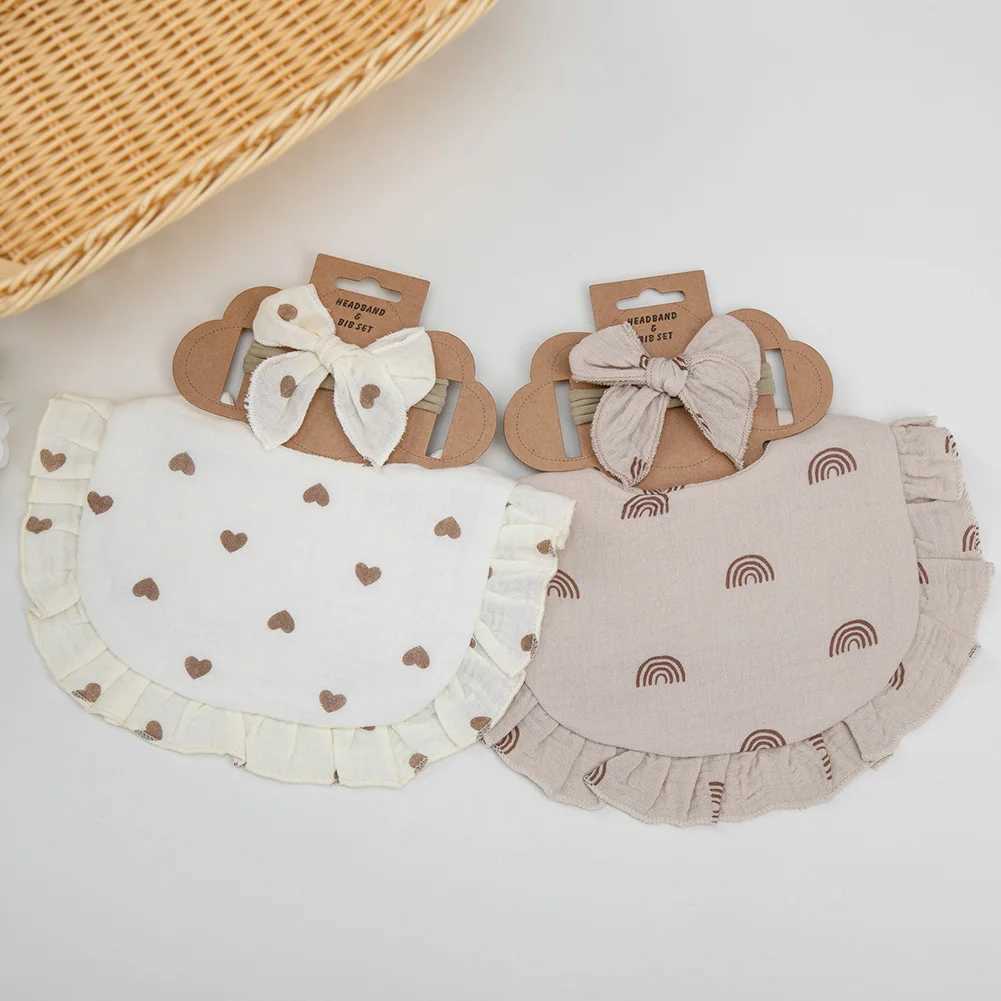 Bibs Burp Cloths 2Pcs/Set Ruffled Edge Muslin Cotton Baby Bibs Hair Bows Girls Headbands Flower Print Saliva Towel Feeding Burp Cloths ScarfL4812