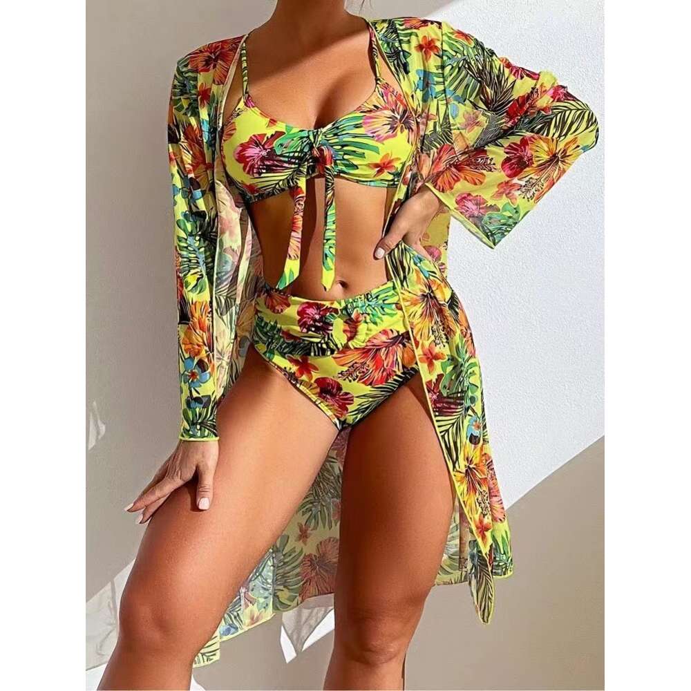 ddmytiger New Sexy Long sleeved Mesh Mask Shirt Split Printed Bikini Swimsuit H