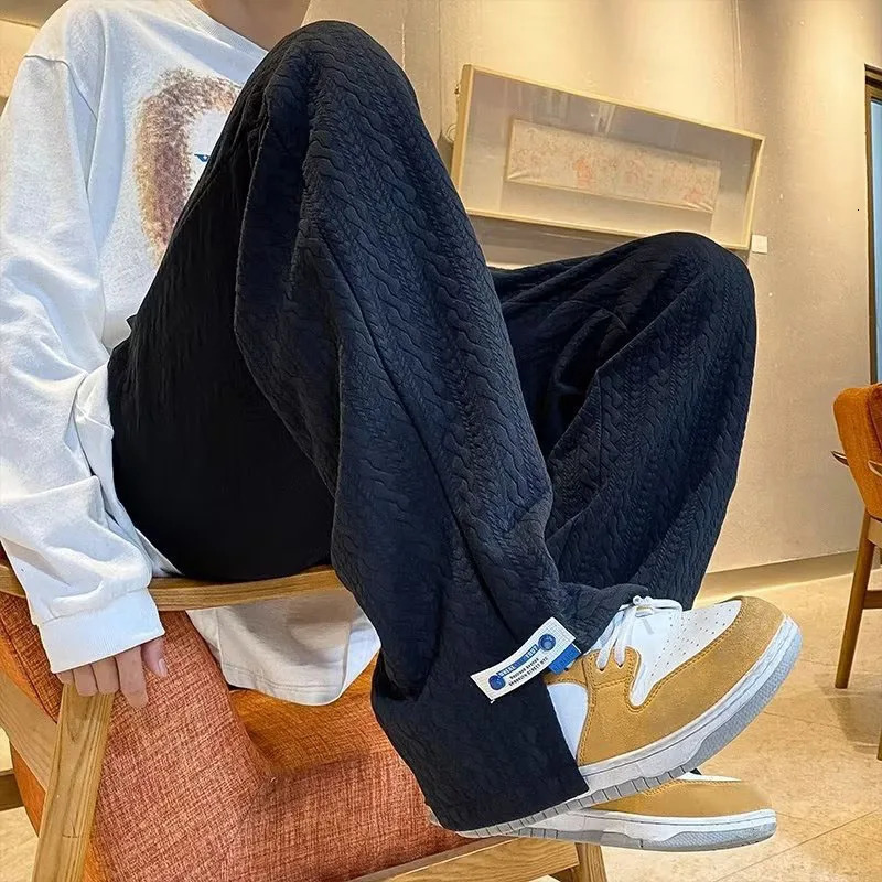 Men Trendy Sweatpants High Waist Fashion Vintage Blue Jacquard Casual Bottoms Loose Side Slit WidLeg Pants Male 240509