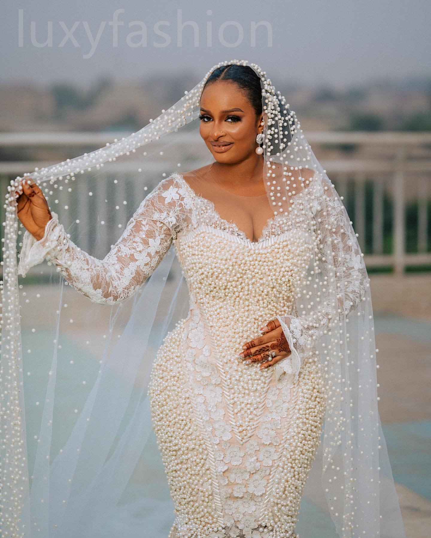 Aso Ebi 2024 Ivory Illusion Mermaid Wedding Dress Flowers Lace Pearls Luxurious Sexy Bridal Gowns Dresses LF03
