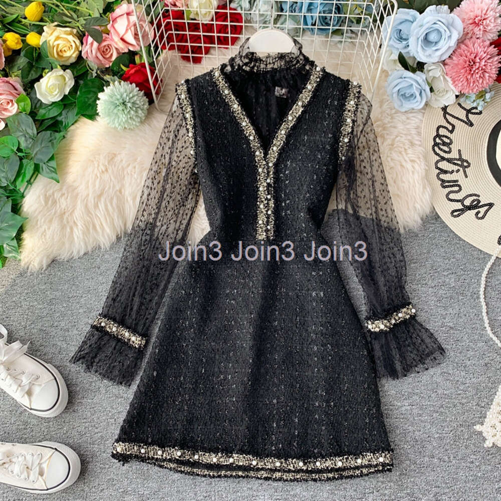 New design womens turtleneck gauze lace long sleeve shirt and v-neck beading tweed woolen a-line tank dress 2 pcs suit