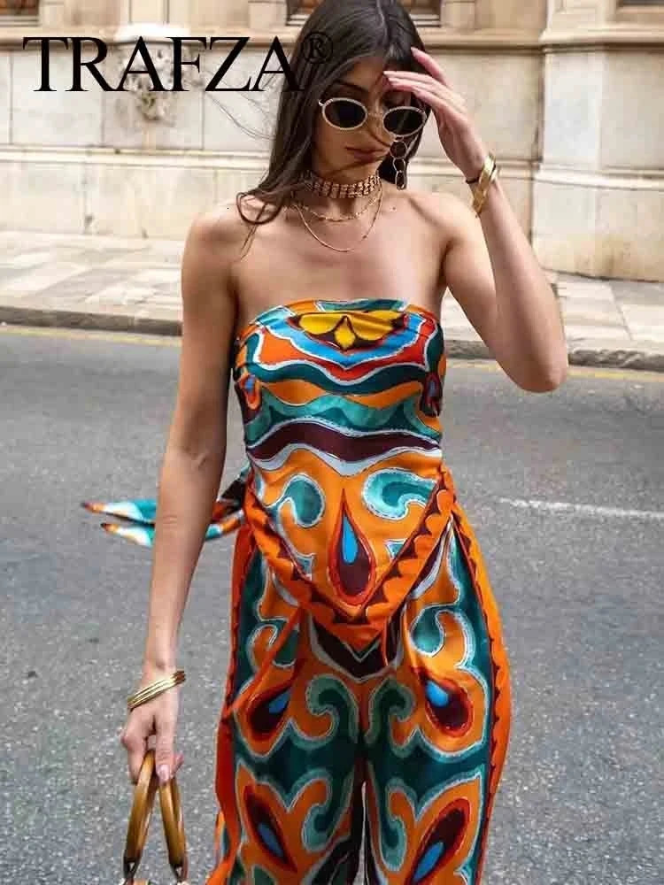 TRAFZA Women Pants Set Vintage Print Back Bow Tie Strapless Bustier Tops Drawstring Trousers Female Chic Streetwear Pant Suits 240514