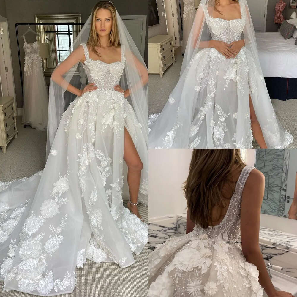 Boho A-Line Dresses For Bride 3D-Floral Appliques Bone Bodice Pearls Wedding Dress Vestidos Novia Robe De Mariee Backless Designer Bridal Gowns 0514