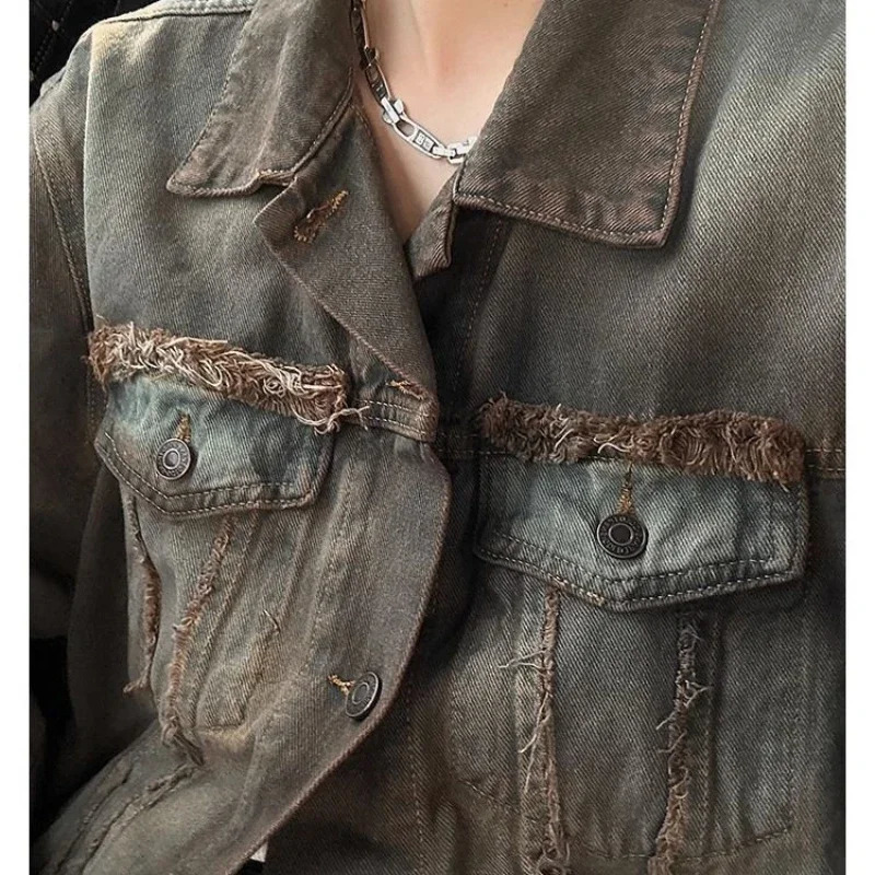 Autumn Twopiece Set Man Retro Wash High Street Tassels Varsity Denim JacketsStraight Wide Leg Jeans Sets Male Harajuku Suit 240428