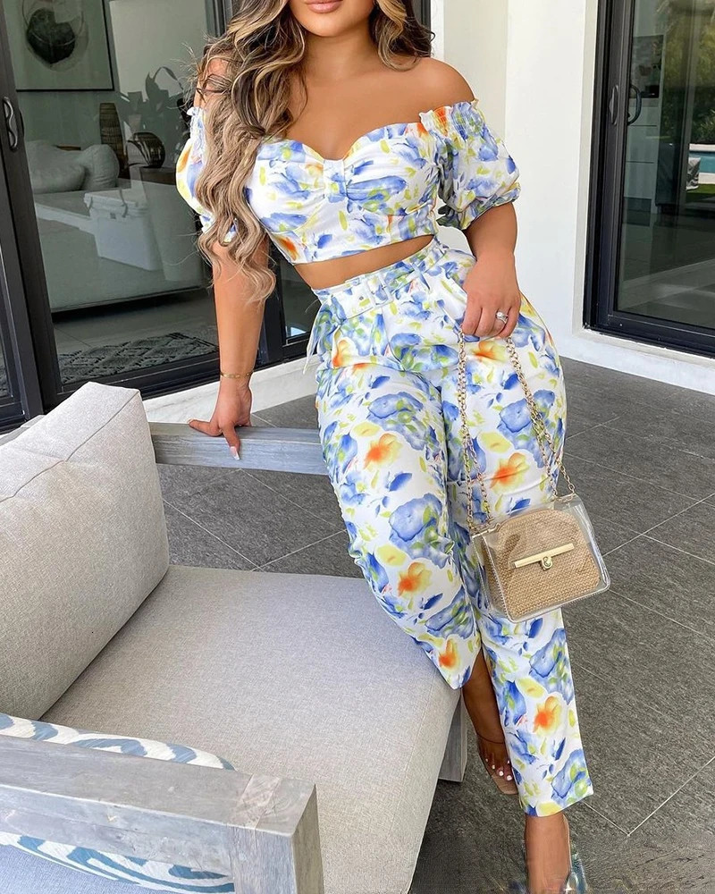 Summer Two Piece Set Women Fashion Printed Boho Crop Top High Waist Pants Suit Womens 2pcs Outfit conjuntos de mujer 240514