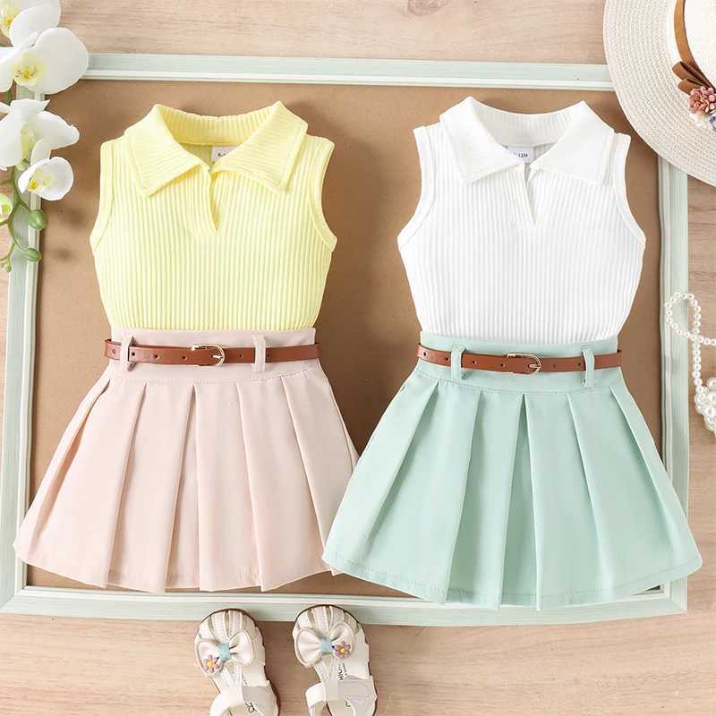 Clothing Sets 1-4years Kids Girls Skirt Set Turn-Down Collar Vest With Pleated Skirt And Belt Infant Girls Summer Outfit