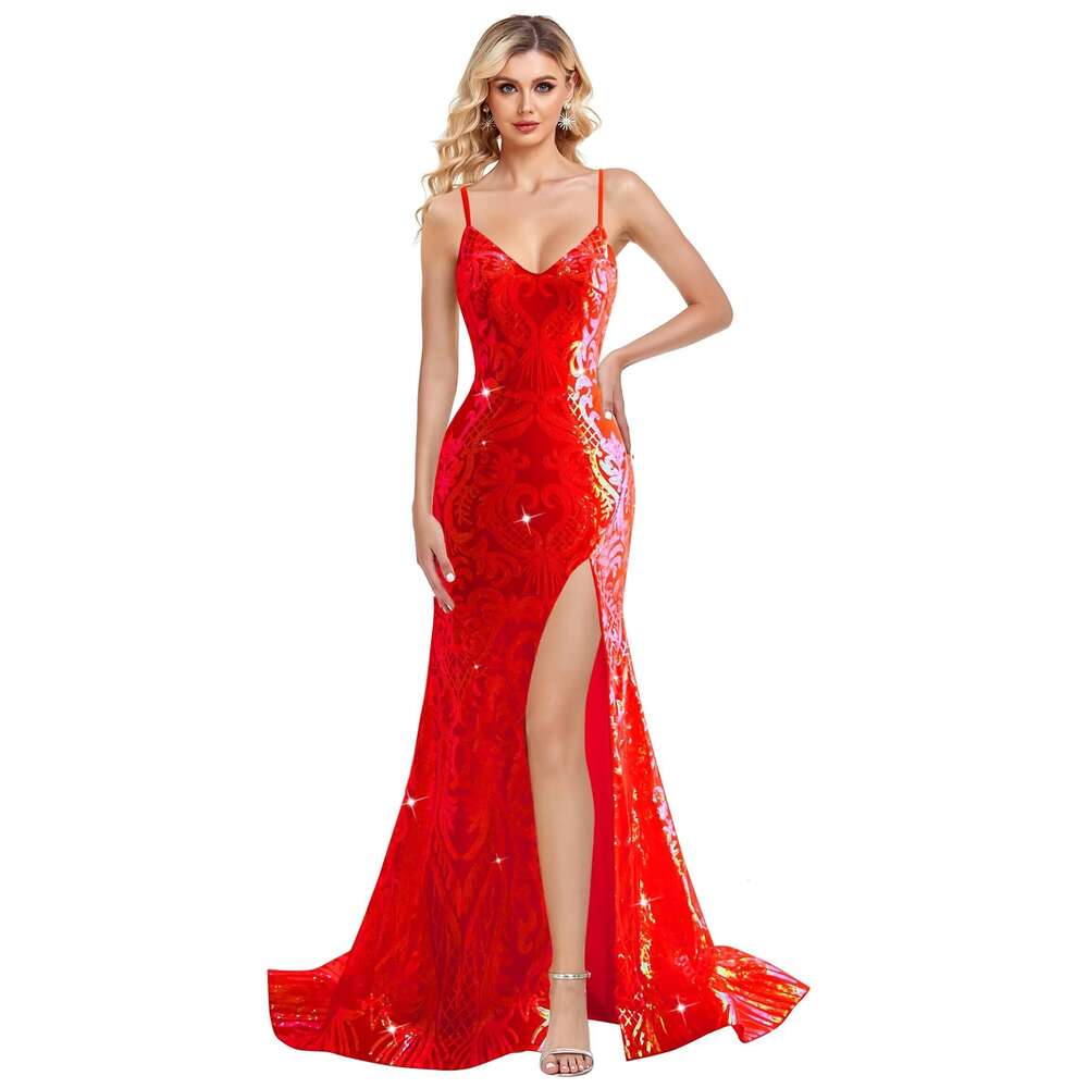 V Neck Sequin Prom Mermaid Evening Dresses for Women Spaghetti Straps Formal Gown with Slit prom AMZ