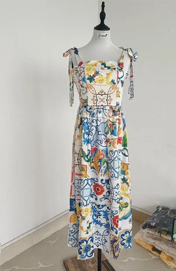 Runway Flower sexy Dress Summer Womens Bow Spaghetti Strap Sundress Blue And White Porcelain Floral Long 240514