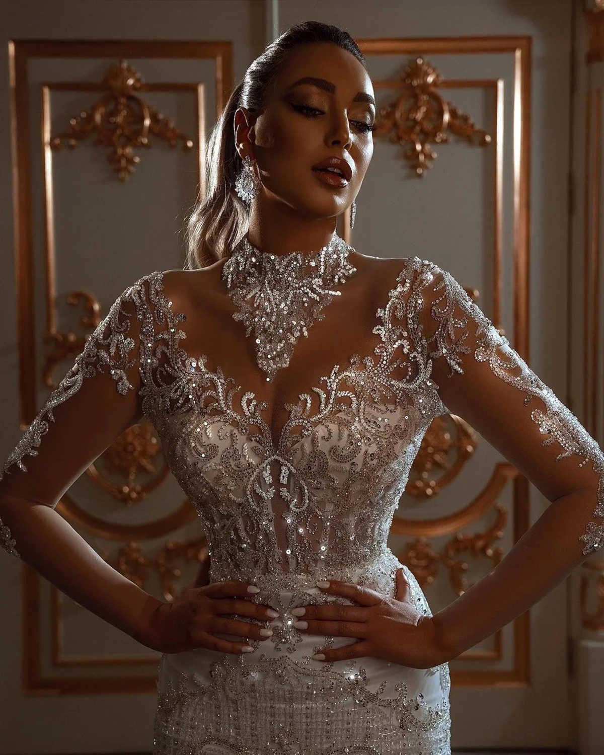 Luxury Mermaid Wedding Dresses High-neck Beads Sequins Lace Appliques Illusion Sleeves Sweep Train Backless Custom Made Plus Size Bridal Gown Vestidos