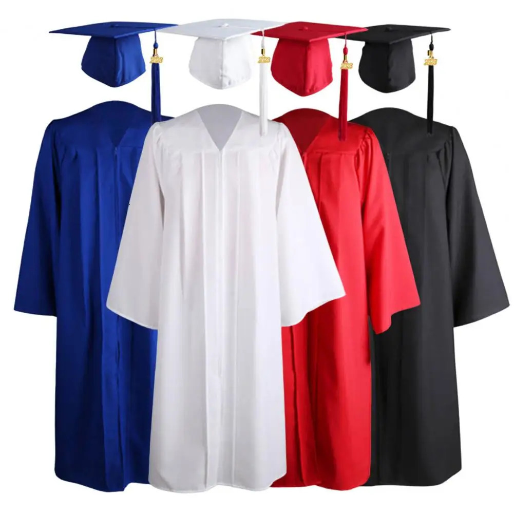 Graduation Gown Tassel Hat Zipper V Neck Loose Solid Color High School Bachelor Academic Dress Student Graduation Costume 240513