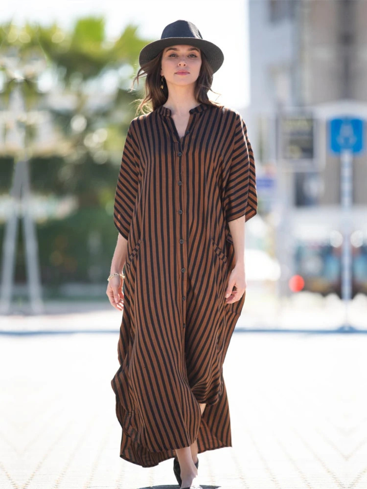 Casual Bikini Coverups Blue Tunic Sexy Striped Front Open Summer Beach Dress Elegant Women Wear Swim Suit Cover Up Q1097 240508
