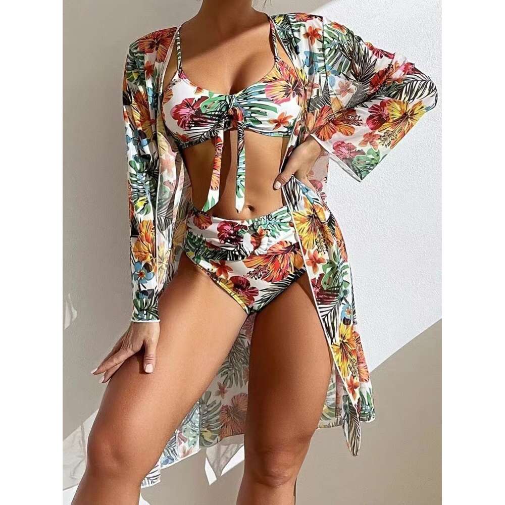 ddmytiger New Sexy Long sleeved Mesh Mask Shirt Split Printed Bikini Swimsuit H