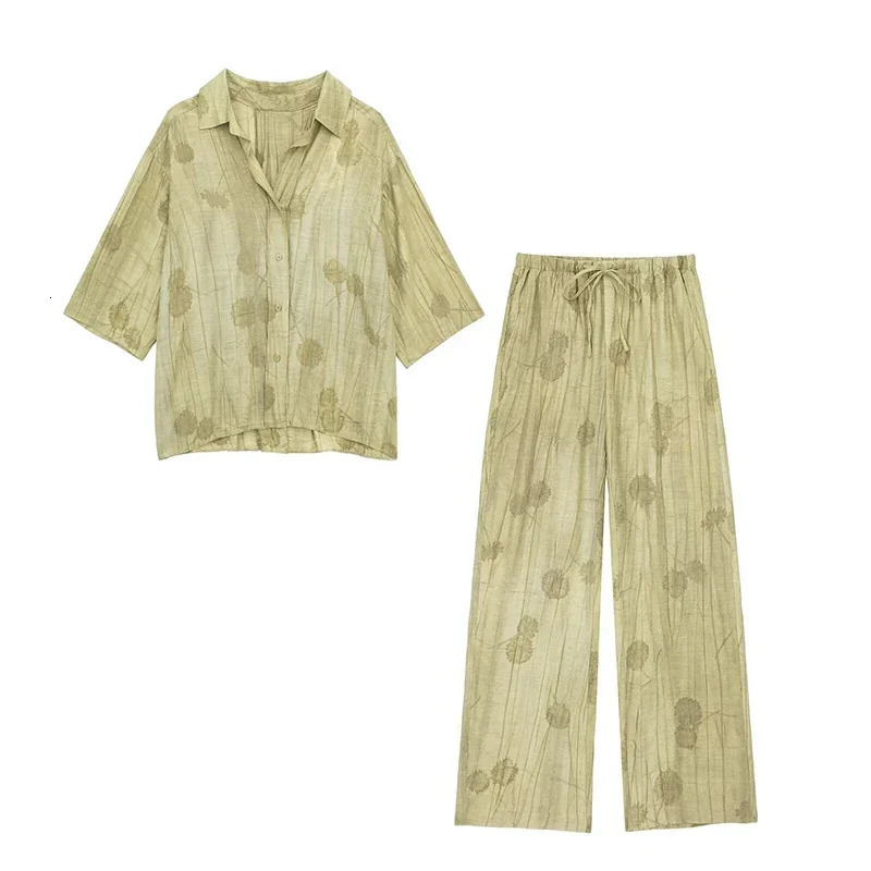 Linen Tiedye Print Long Pants Sets For Women Lapel Half Sleeve Single Breasted Shirts Drawstring Wide Leg Pant 2 Pieces Set 240514