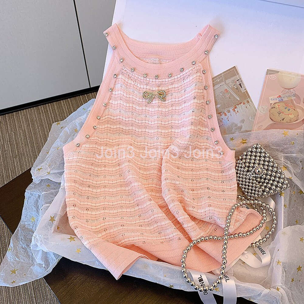 New design womens summer halter neck rhinestone bow knitted tanks camis SML