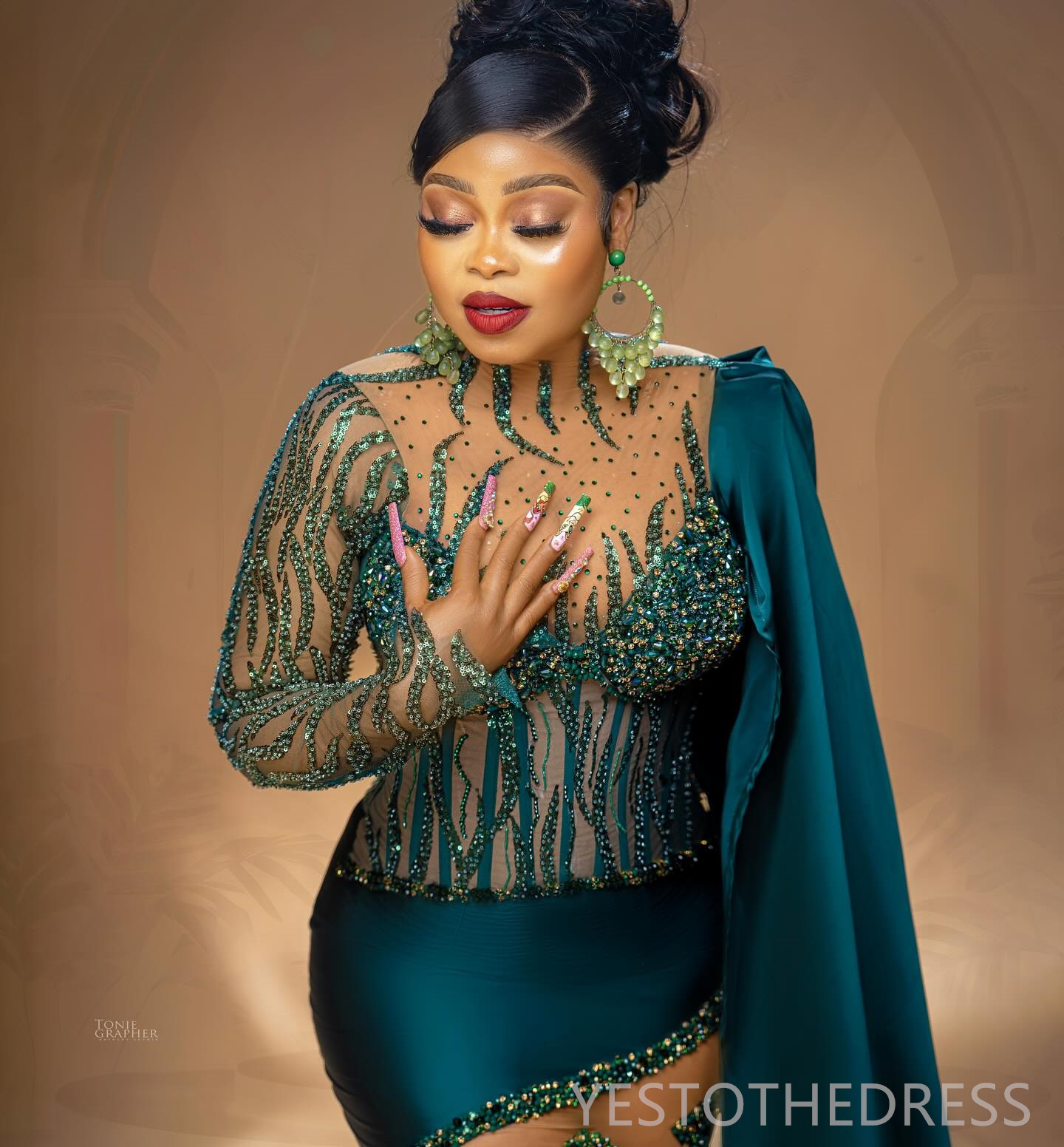 R&W Plus Size Hunter Green Prom for Special Ocns Evening Dresses Elegant Illusion Long Sleeves Beaded Lace Pearls Birthday Dress Engagement Gowns AM89