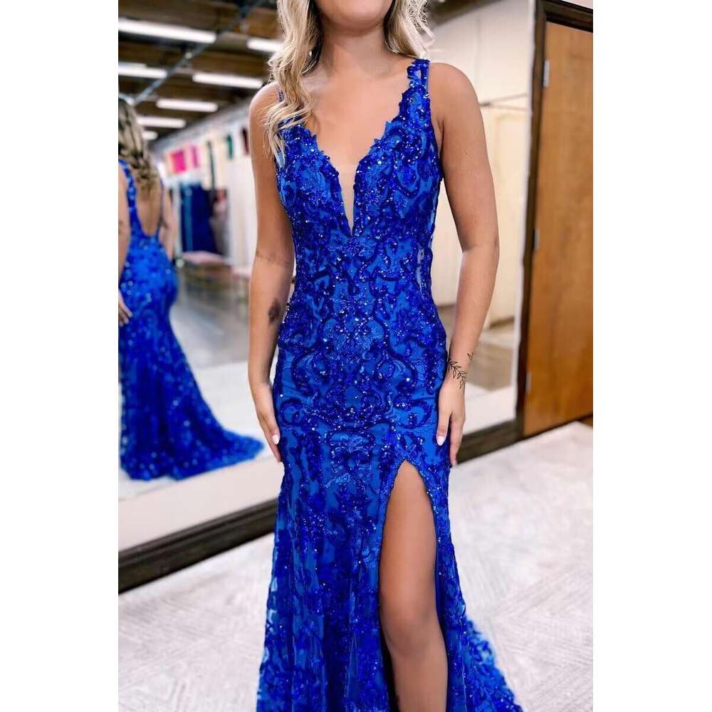 Sequin Appliques Prom Dresses 2024 Backless Sparkly Evening Dress for Women Mermaid Formal Gown with Slit prom AMZ