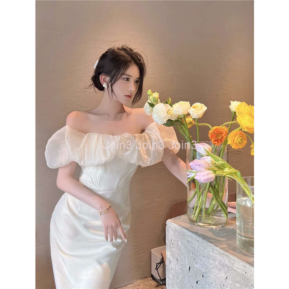 Womens slash neck sexy party dresses off shoulder puff short sleeve slim waist pencil midi long dress SML