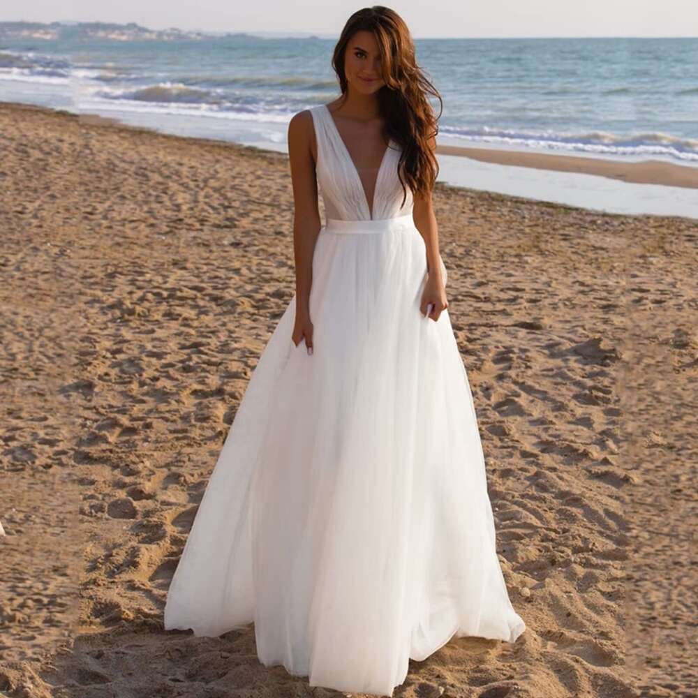 MARSEN Deep V Neck Bride Simple Tulle Beach Dress for Women Backless A Line prom Gown Ivory Size 12 prom AMZ