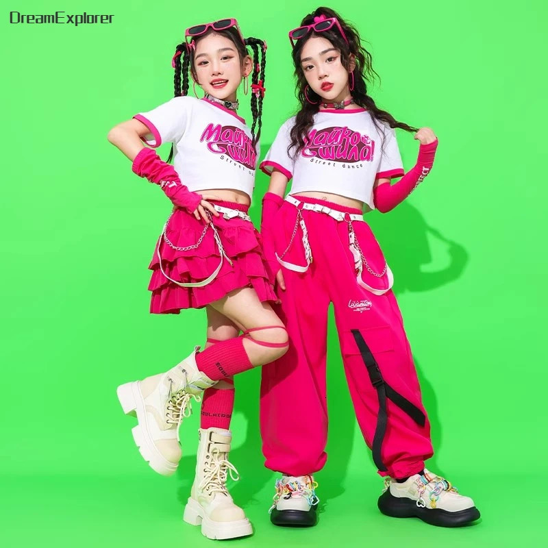 Girls Hip Hop Crop Top Cargo Pants Child Summer Tshirt Tiered Skirt Kids Streetwear Jazz Sweet Street Dance Costume Clothes Set 240510
