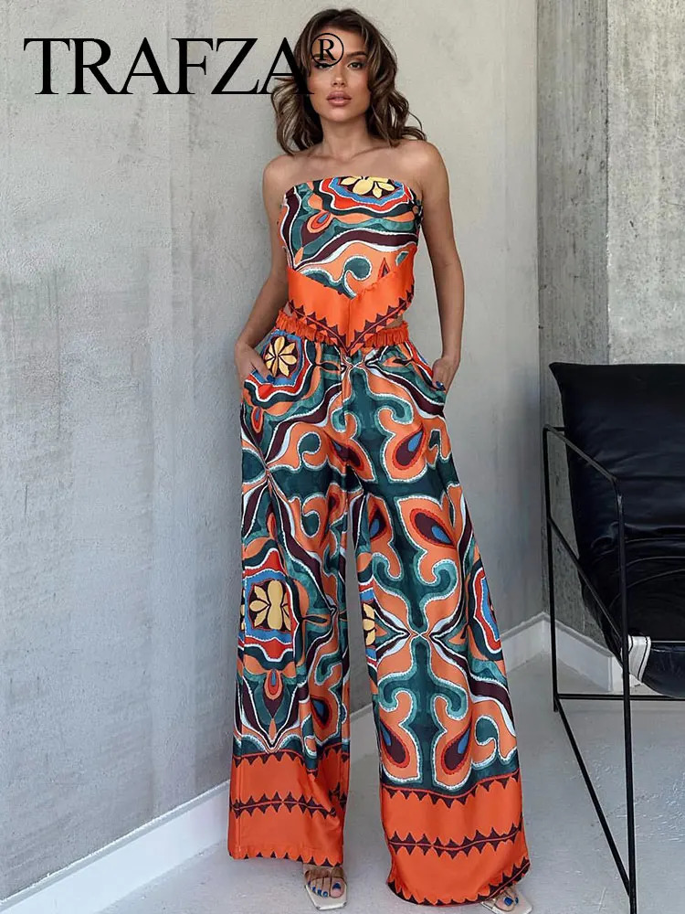 TRAFZA Women Pants Set Vintage Print Back Bow Tie Strapless Bustier Tops Drawstring Trousers Female Chic Streetwear Pant Suits 240514