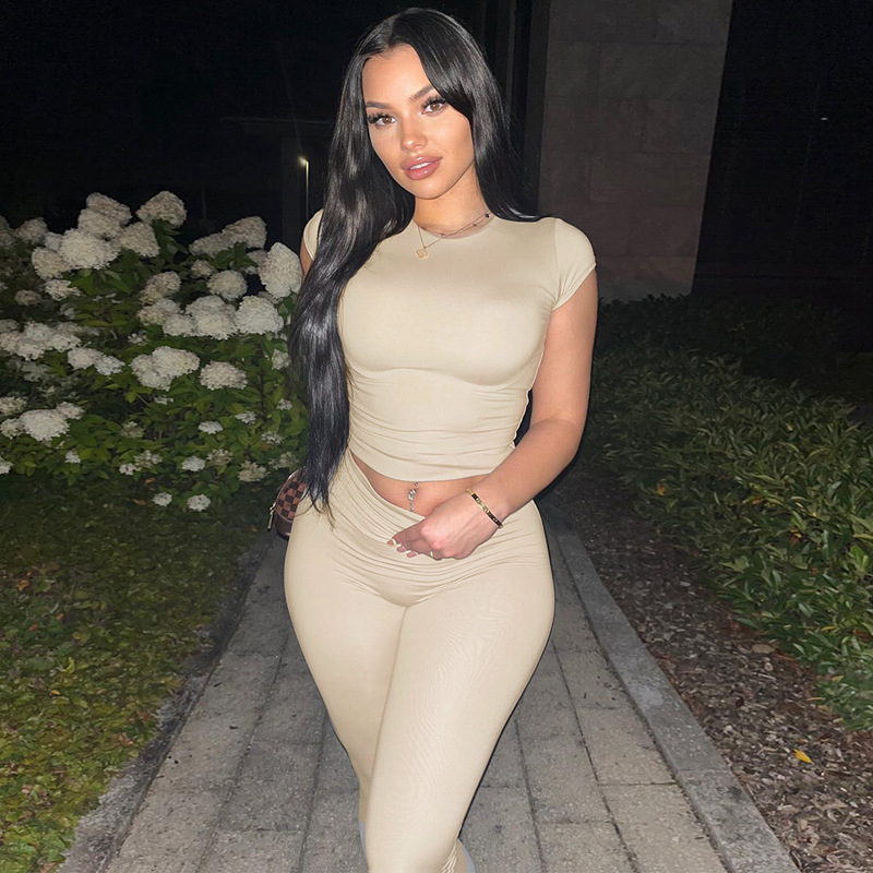 Women s Two Piece Pants Weird Puss Sporty Tracksuit Women 2 Set Short Sleeve Side Bandage Crop Tops Leggings Matching Casual Streetwear Outfits 230522