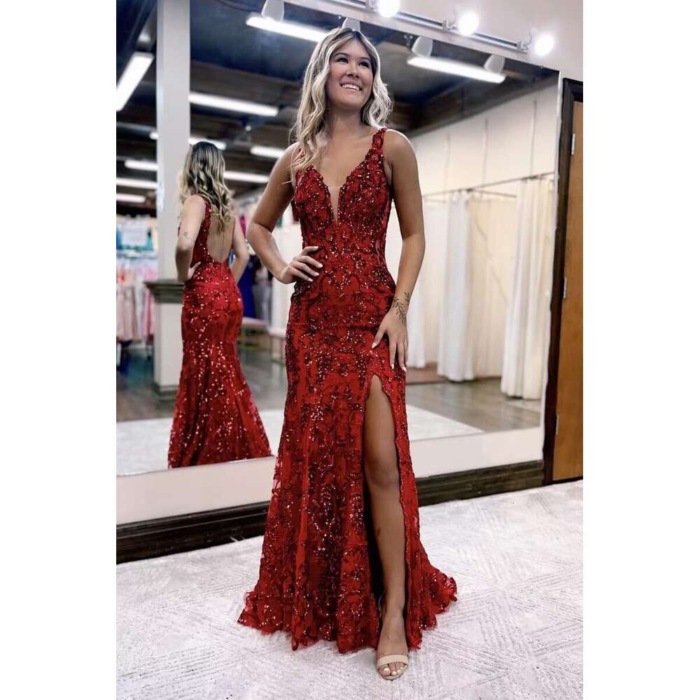 Sequin Appliques Prom Dresses 2024 Backless Sparkly Evening Dress for Women Mermaid Formal Gown with Slit prom AMZ
