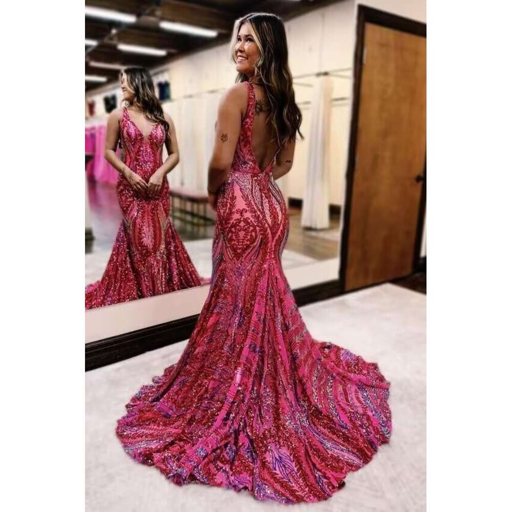 Deep V Neck Sequin Prom Mermaid Formal Gown Women Backless Evening Dress for Party prom AMZ