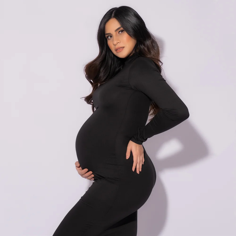High Neck Stretchy Baby Shower Long Dresses Full Sleeve Skinny Maternity Pography Prop Dress 240513