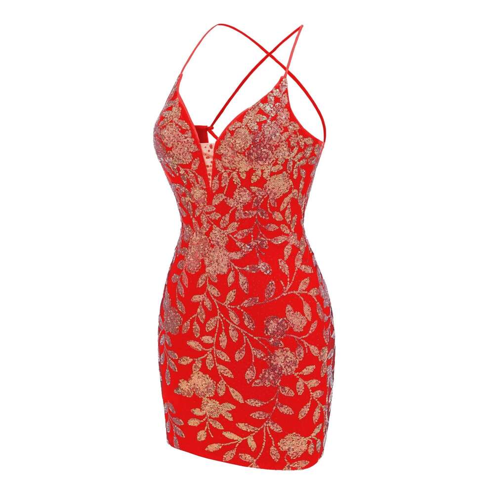 V Neck Short Prom Teens Sparkly Sequin Appliques Homecoming Backless Wrap tail Dress prom AMZ