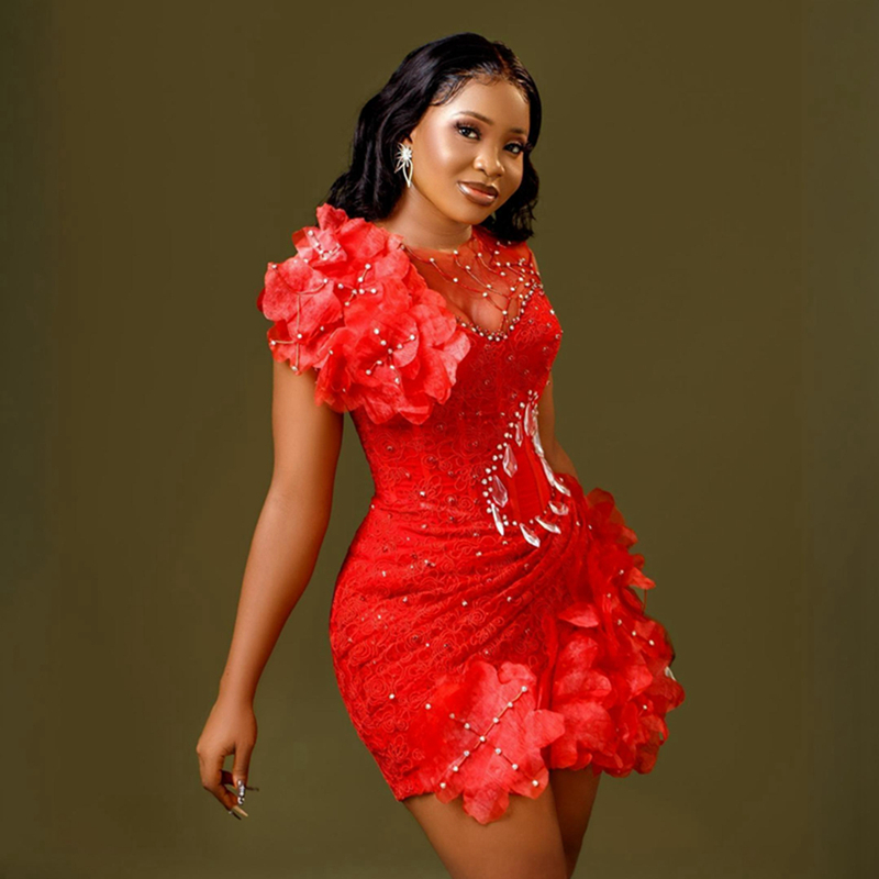 2024 Red Cocktail Dress for Women Graduation Dresses Illusion Short Mini Dress Hand Made Flowers Rhinestones Crystals Decorated Beaded Lace Birthday D