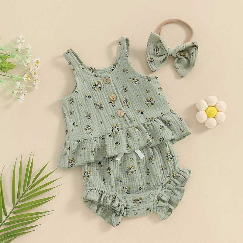 Clothing Sets 0-24months Baby Girl Summer Clothes Set Floral Print Tank Tops Frill Trim Shorts + Headband Toddler Girls 3Piece Outfits