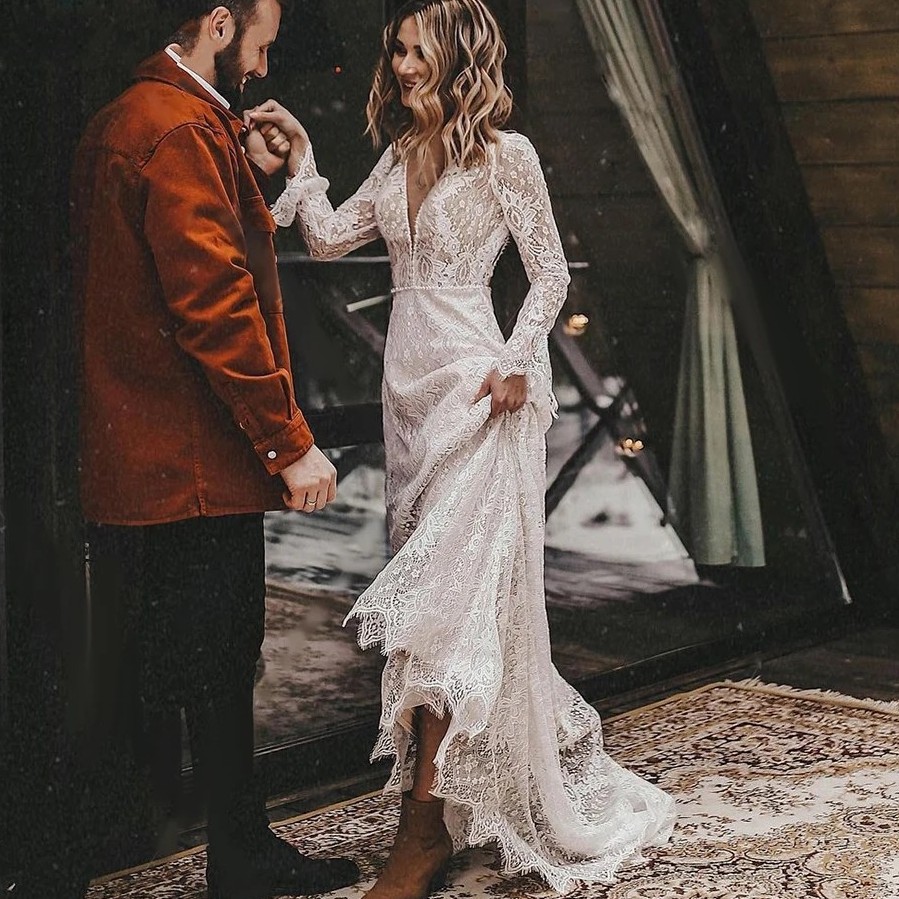 Sexy Lace V Neck Beach Mermaid Wedding Dresses 2025 V Neck Long Sleeves Open Back Summer Boho Bridal Dress Vestidos De Noiva Customed