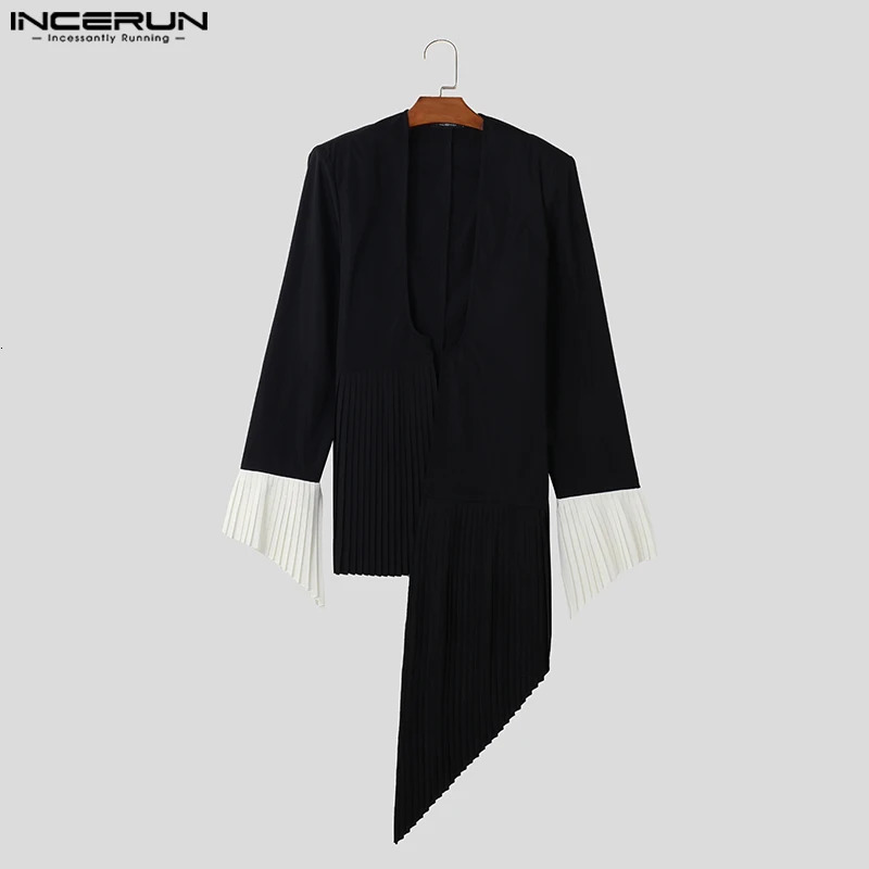INCERUN Men Blazer Pleated Patchwork V Neck Long Sleeve Open Stitch Casual Irregular Suits Men Streetwear Thin Coats S-5XL 240513